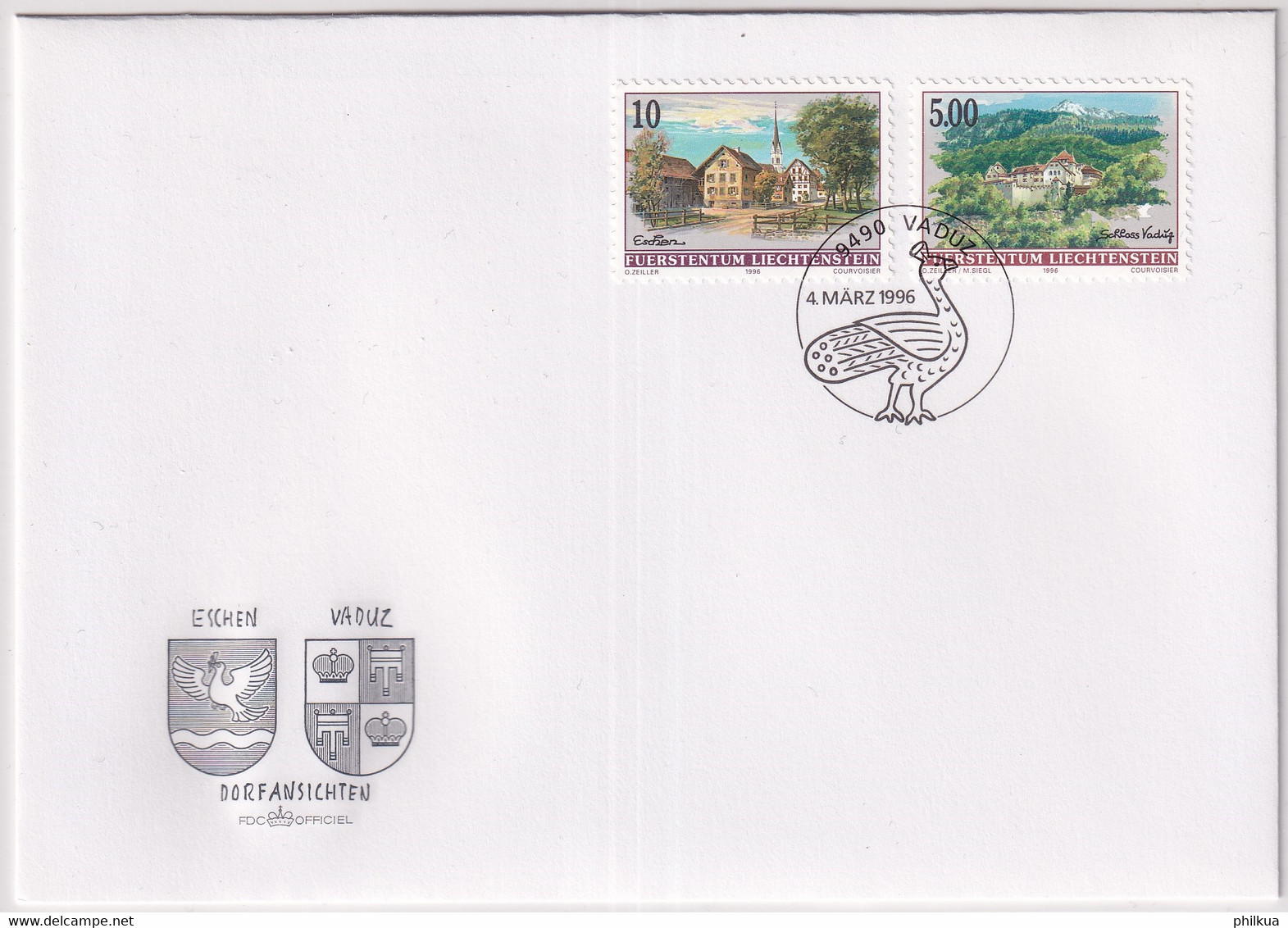 MiNr. 1126 - 1127  Liechtenstein1996, 4. März. Freimarken: Dorfansichten - FDC - Pfau Im Stempel - Paons