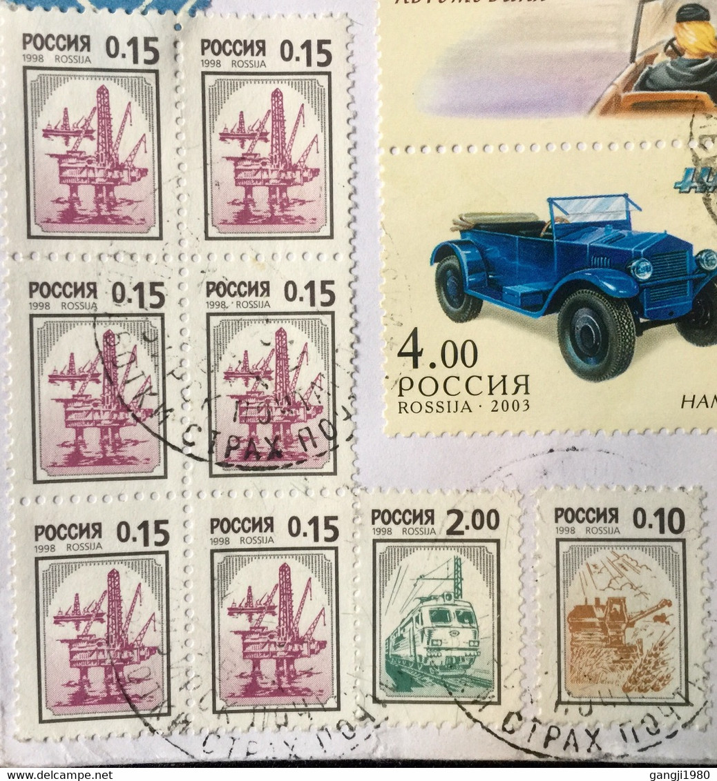 RUSSIA 2003, USED AIRMAIL COVER TO INDIA VINTAGE CAR BLOCK 4 STAMPS WITH EXIRA TAB !! TOTAL 12 STAMPS - Storia Postale