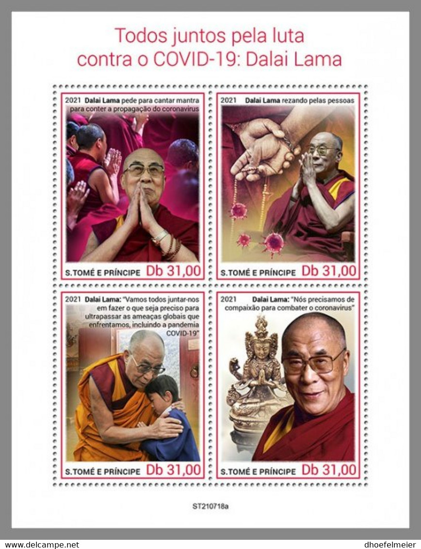 SAO TOME 2021 MNH Dalai Lama & Covid-19 M/S - OFFICIAL ISSUE - DHQ2209 - Buddhism