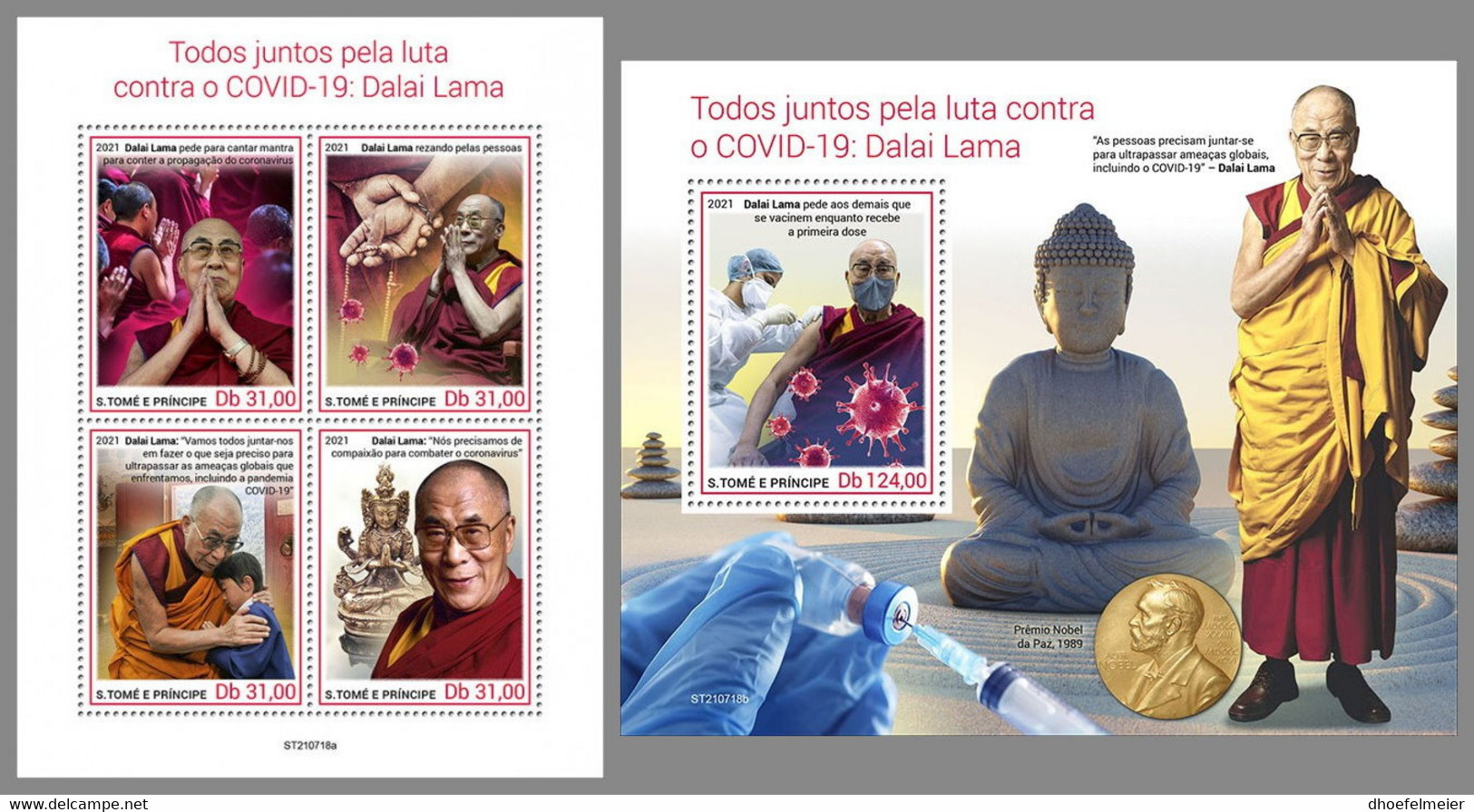 SAO TOME 2021 MNH Dalai Lama & Covid-19 M/S+S/S - IMPERFORATED - DHQ2209 - Buddhism