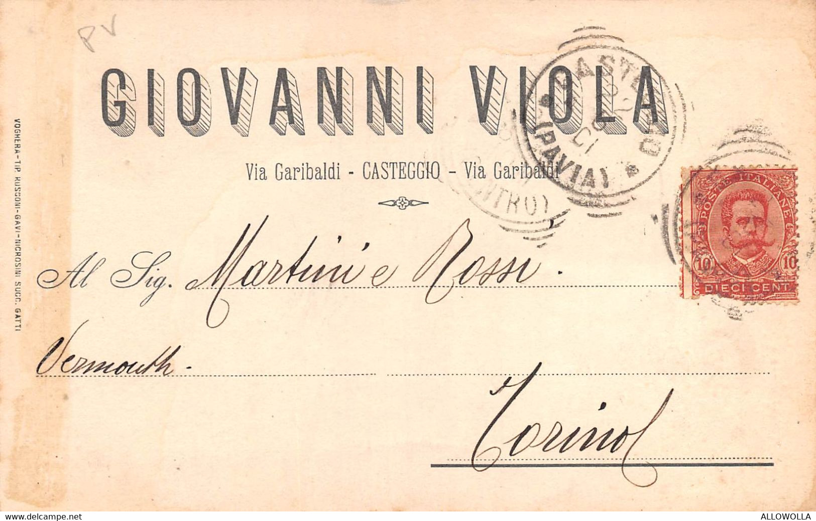 15859" GIOVANNI VIOLA-VIA GARIBALDI-CASTEGGIO " -CART. POST. SPED.1901 - Marchands