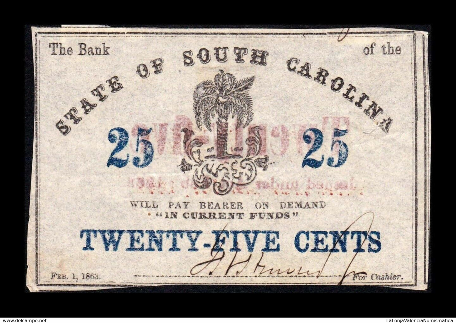 Estados Unidos United States Bank Of The State Of South Carolina 25 Cents 1863 EBC XF - South Carolina