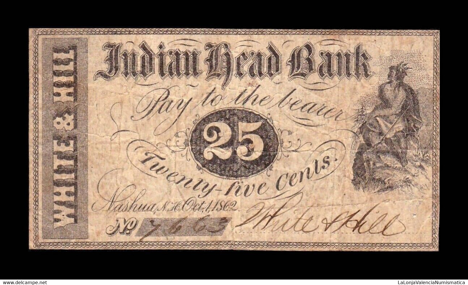 Estados Unidos United States Indian Head Bank 25 Cents 1862 BC F - New Hampshire