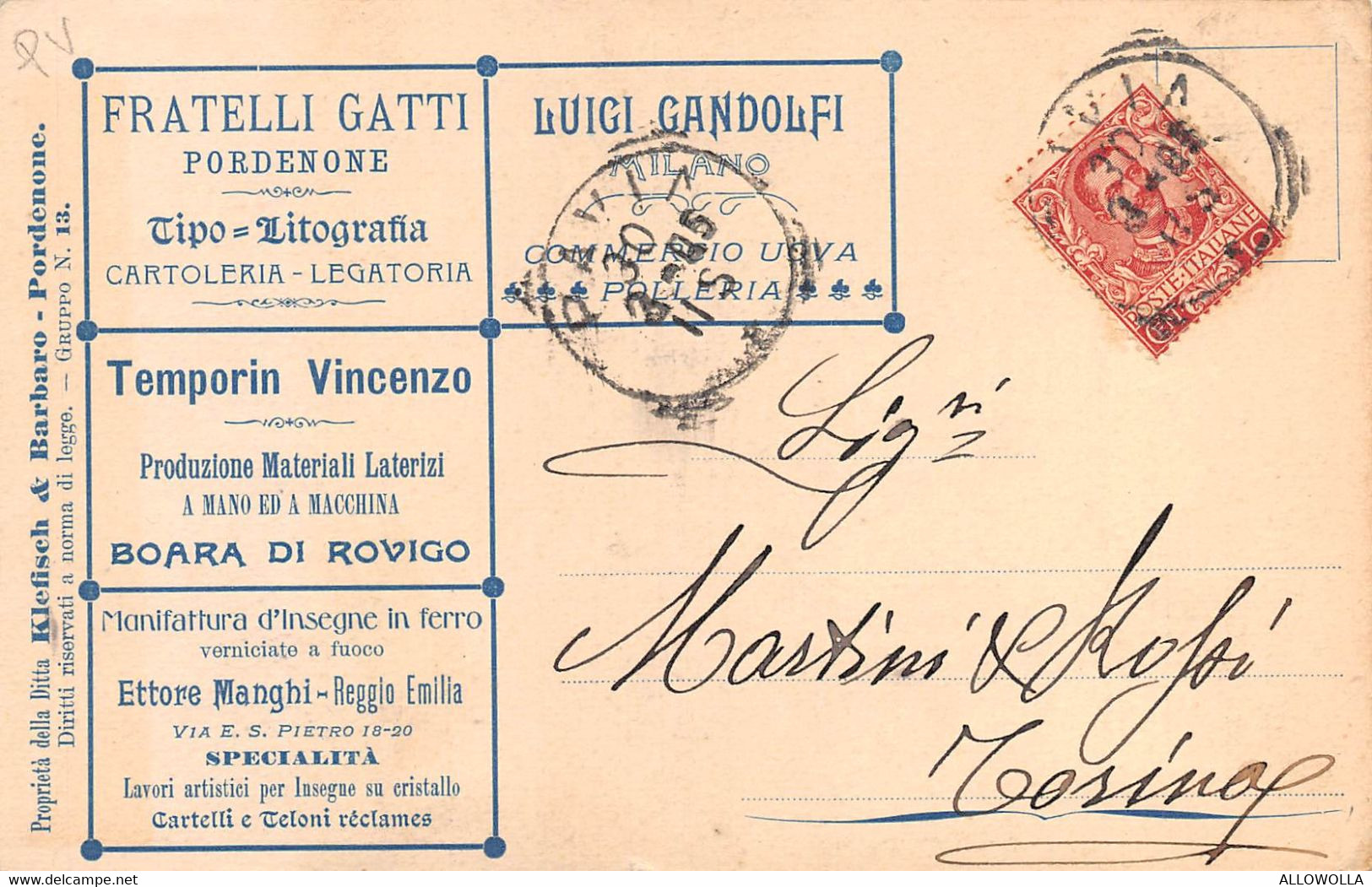 15863" PROPRIETA' DELLA DITTA KLEFISCH & BARBARO-PORDENONE " INDIRIZZATA ALLA MARTINI & ROSSI-CART. POST. SPED.1905 - Marchands