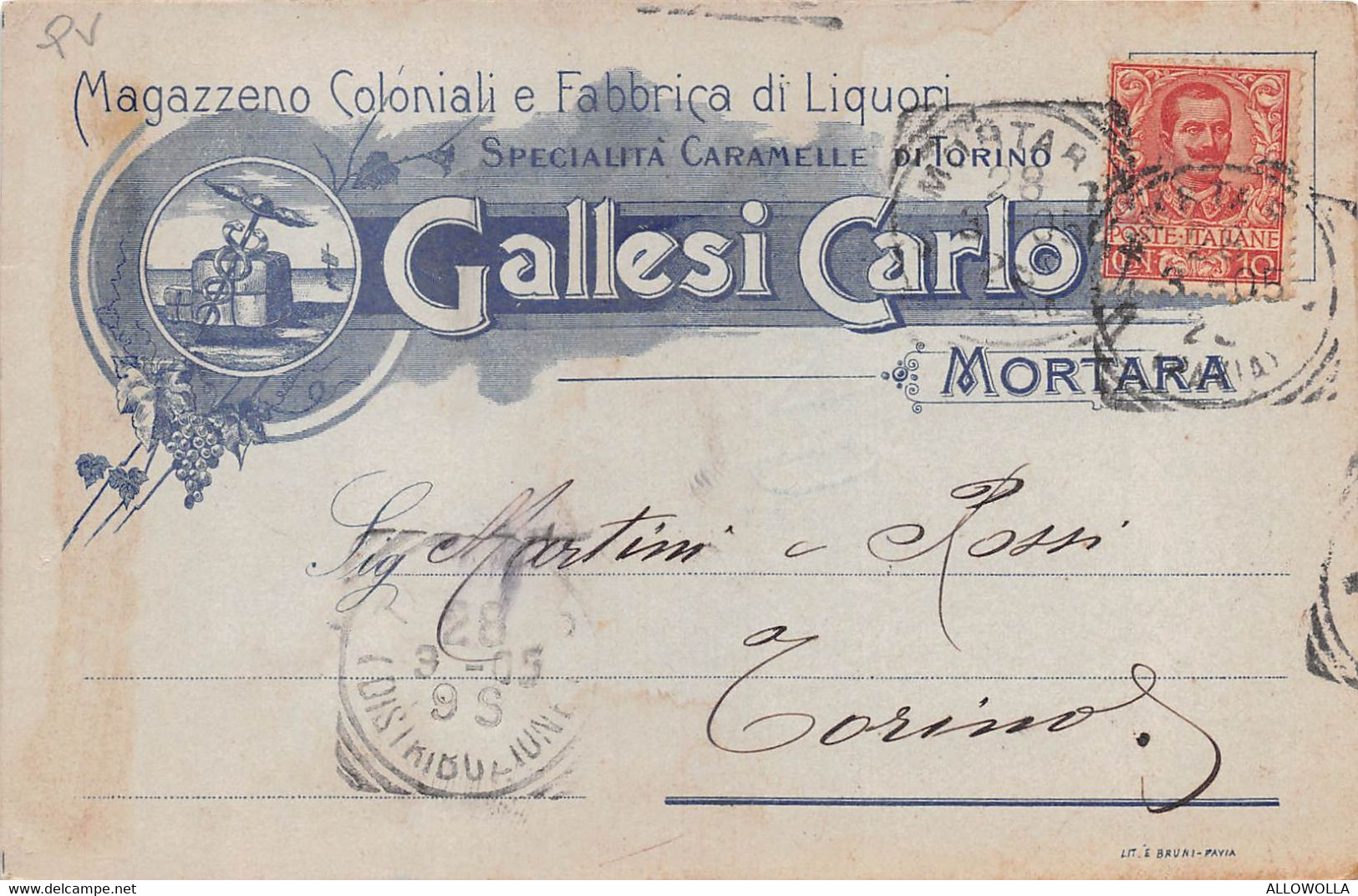 15864" GALLESI CARLO-MORTARA-MAG. COLONIALI E FABBRICA LIQUORI " INDIRIZZATA ALLA MARTINI & ROSSI-CART. POST. SPED.1905 - Mercaderes