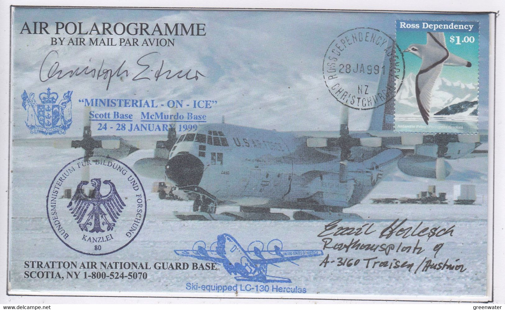 Ross Dependency Scott Base 1999 Antarctic Flight  Ministerial On Ice Signature  Ca Ross Dependency  28 JA 99 (AF163C) - Vuelos Polares
