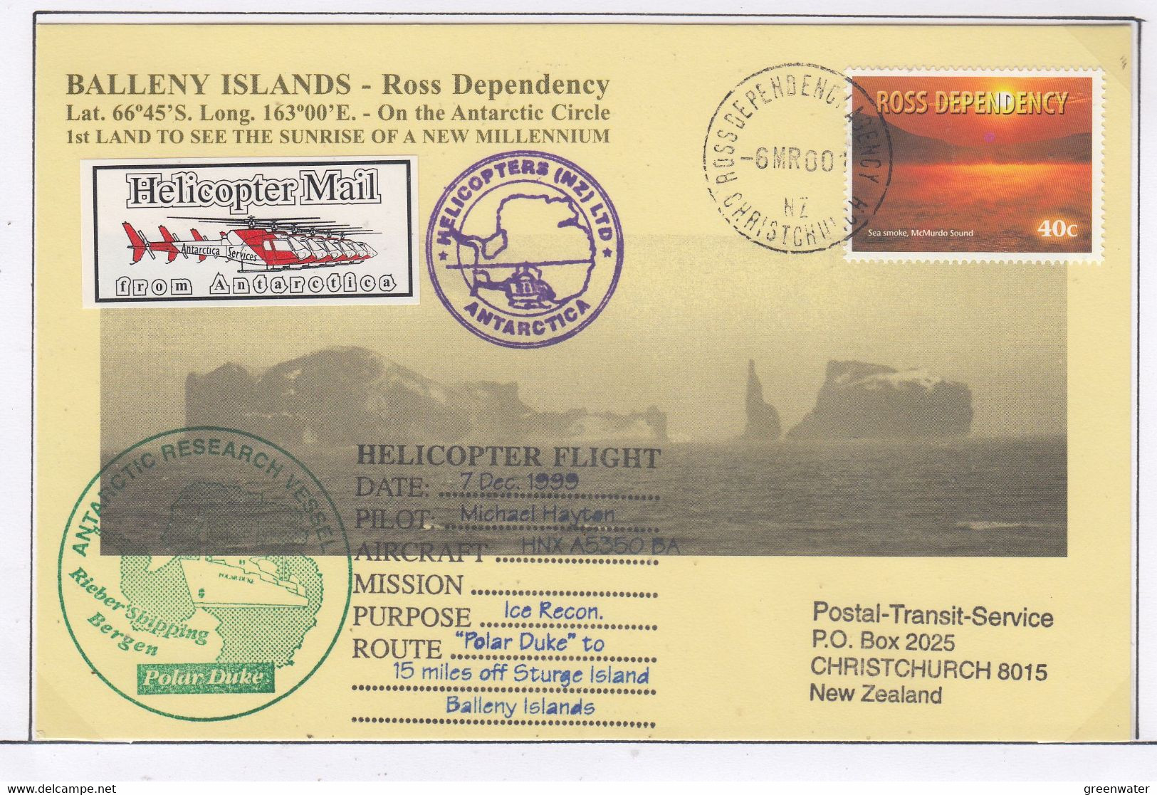 Ross Dependency Scott Base 2000 Heli  Antarctic Flight  Polar Duke To Sturge Isl..Ca Ross Dependency  6 MR 2000 (AF164A) - Vuelos Polares