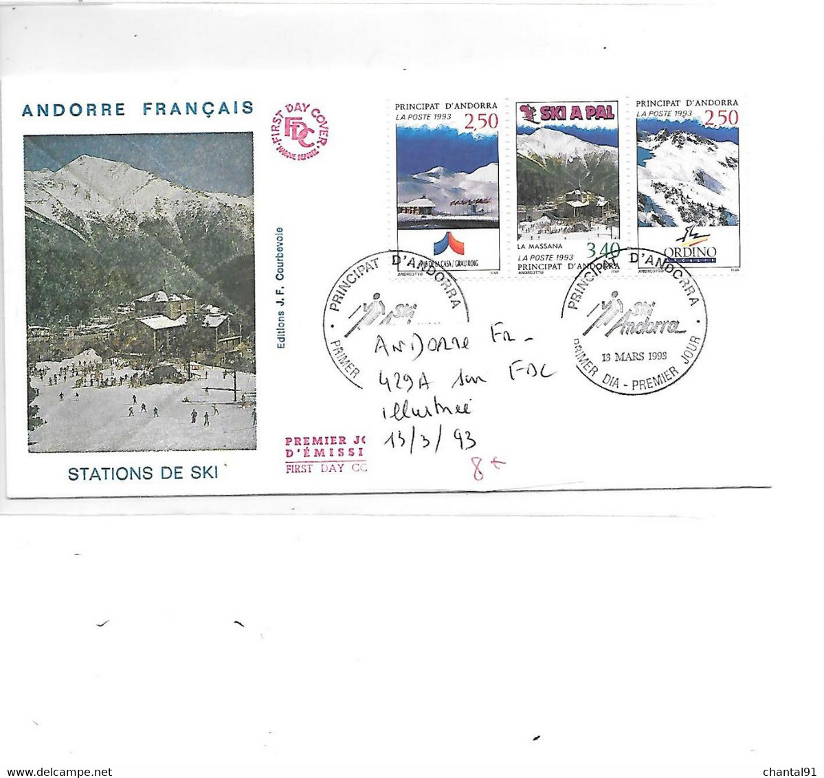 ANDORRE FRANCAIS N° 429 A SUR FDC ILLUSTREE 13.3.1993 - Cartas & Documentos