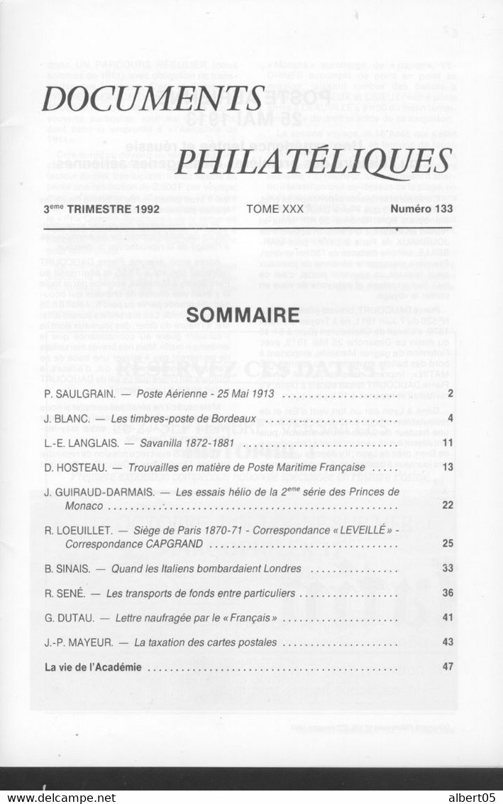 Revue De L'Académie De Philatélie - Documents Philatéliques N° 133  3 ème Trimestre 1992 - Filatelie En Postgeschiedenis