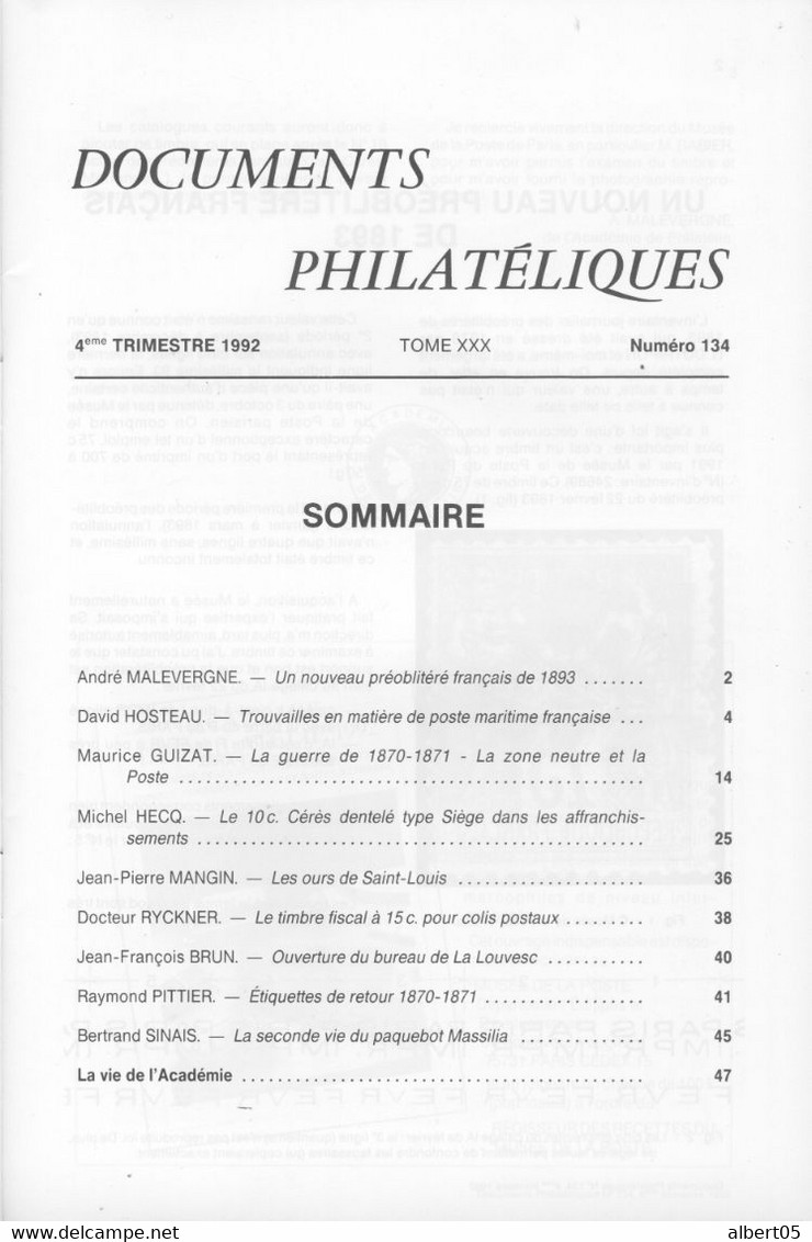 Revue De L'Académie De Philatélie - Documents Philatéliques N° 134  4 ème Trimestre 1992 - Philately And Postal History