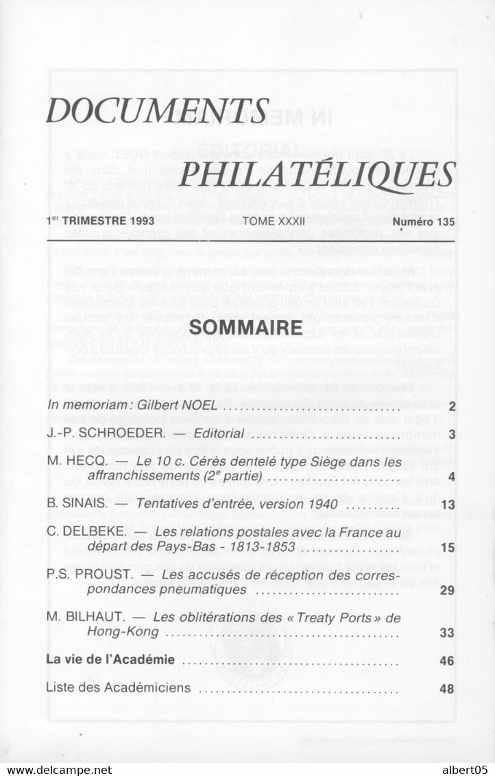 Revue De L'Académie De Philatélie - Documents Philatéliques N° 135  1er Trimestre 1993 - Filatelie En Postgeschiedenis