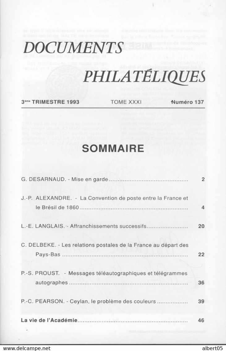 Revue De L'Académie De Philatélie - Documents Philatéliques N° 137 3 ème Trimestre 1993 - Filatelie En Postgeschiedenis
