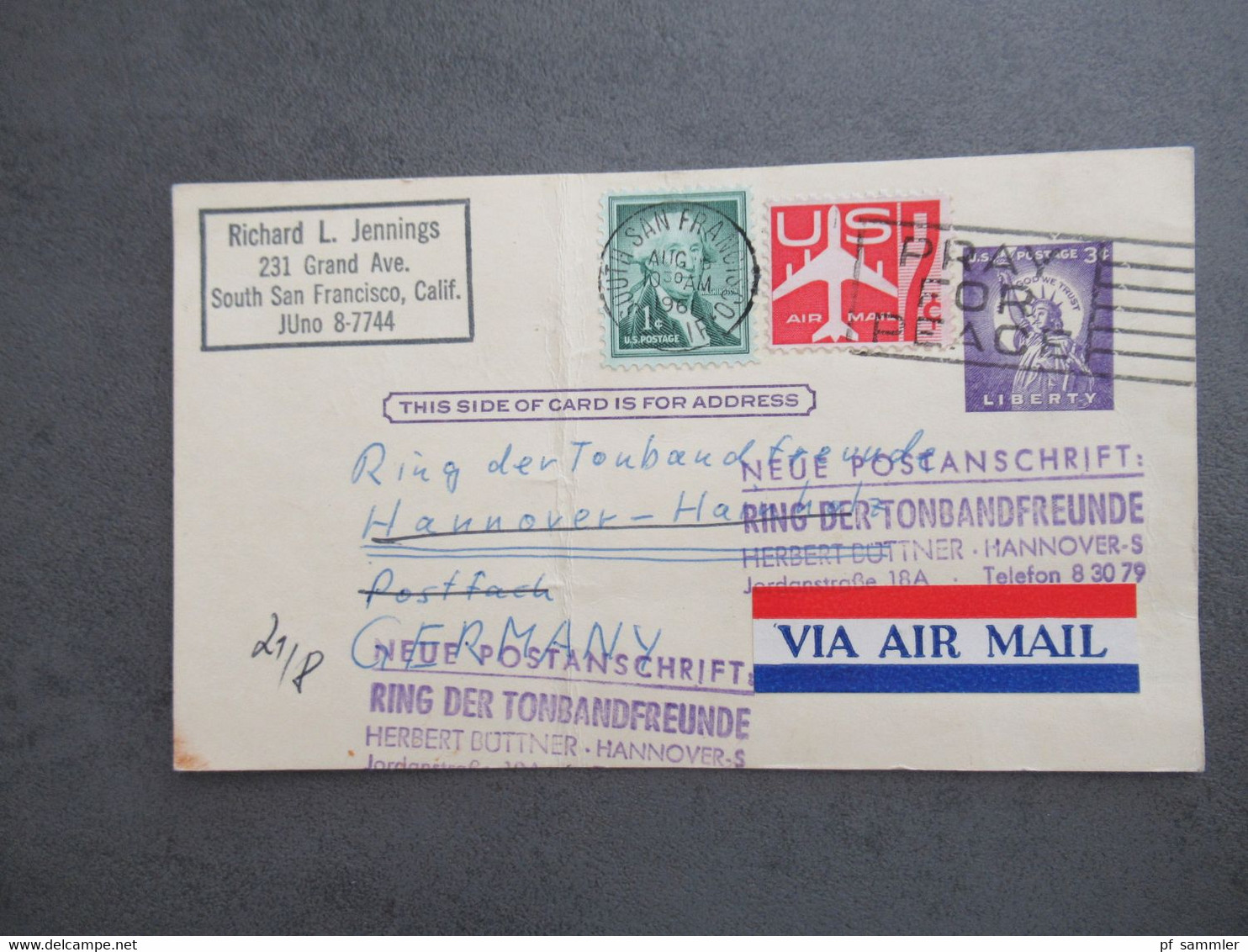 USA 1961 Ganzsache Mit Zusatzfrankaturen Via Air Mail Nach Hannover Mit Stempel Ring Der Tonbandfreunde Hannover - Lettres & Documents