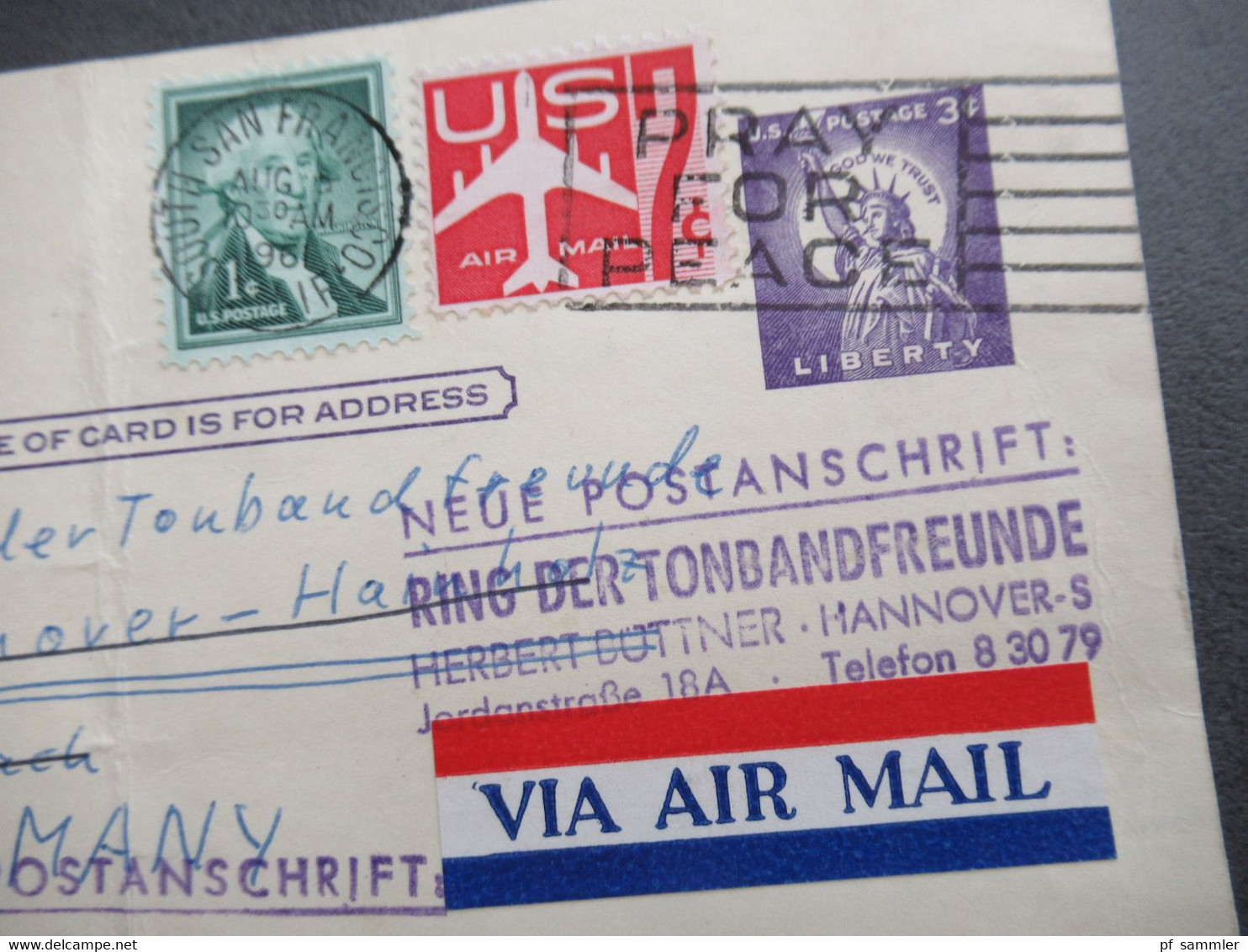 USA 1961 Ganzsache Mit Zusatzfrankaturen Via Air Mail Nach Hannover Mit Stempel Ring Der Tonbandfreunde Hannover - Storia Postale