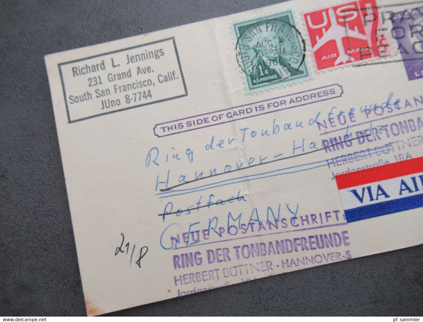 USA 1961 Ganzsache Mit Zusatzfrankaturen Via Air Mail Nach Hannover Mit Stempel Ring Der Tonbandfreunde Hannover - Cartas & Documentos