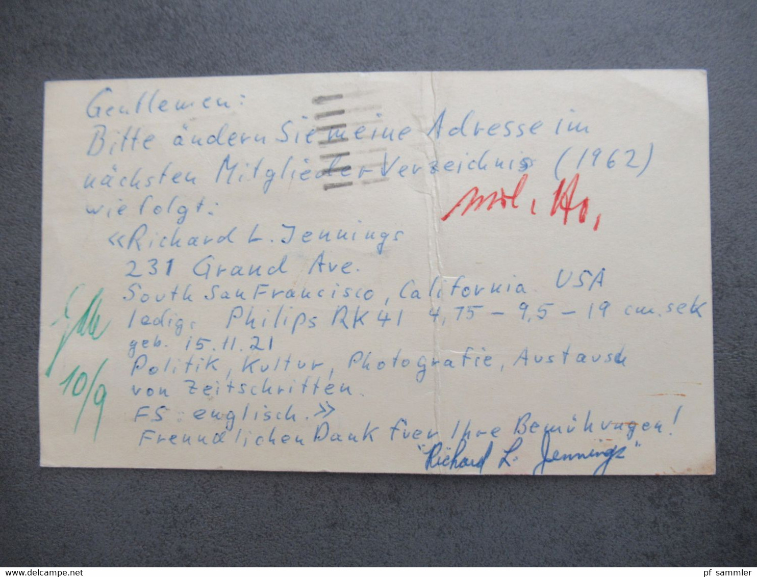 USA 1961 Ganzsache Mit Zusatzfrankaturen Via Air Mail Nach Hannover Mit Stempel Ring Der Tonbandfreunde Hannover - Lettres & Documents