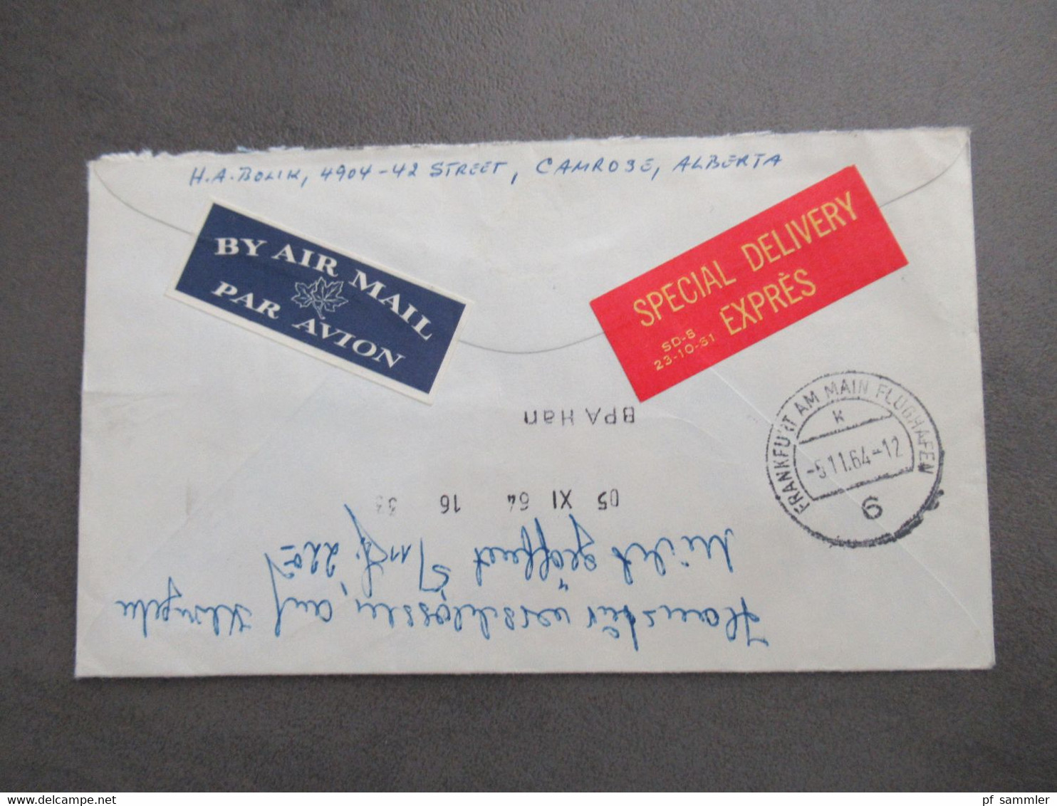 1964 Air Mail Special Delivery Expres Camrose - Hildesheim Mit Stempel BPA Han Und Flughafen FFM + Handschriftl. Vermerk - Storia Postale