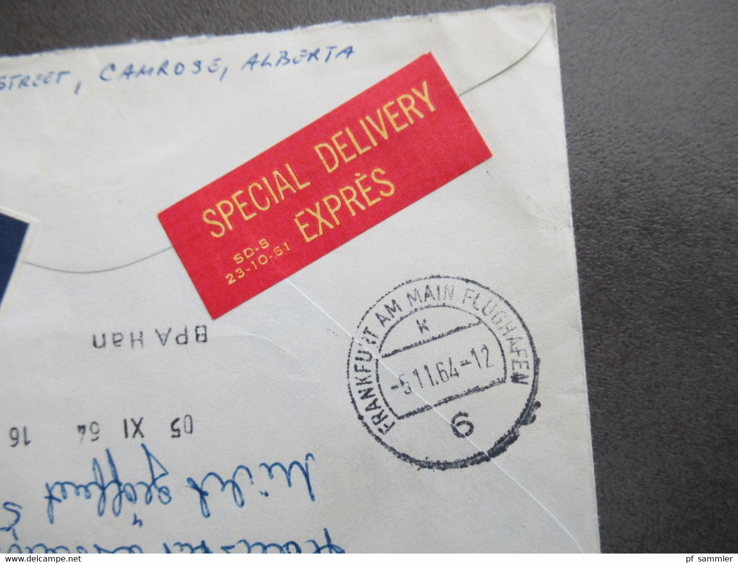 1964 Air Mail Special Delivery Expres Camrose - Hildesheim Mit Stempel BPA Han Und Flughafen FFM + Handschriftl. Vermerk - Covers & Documents