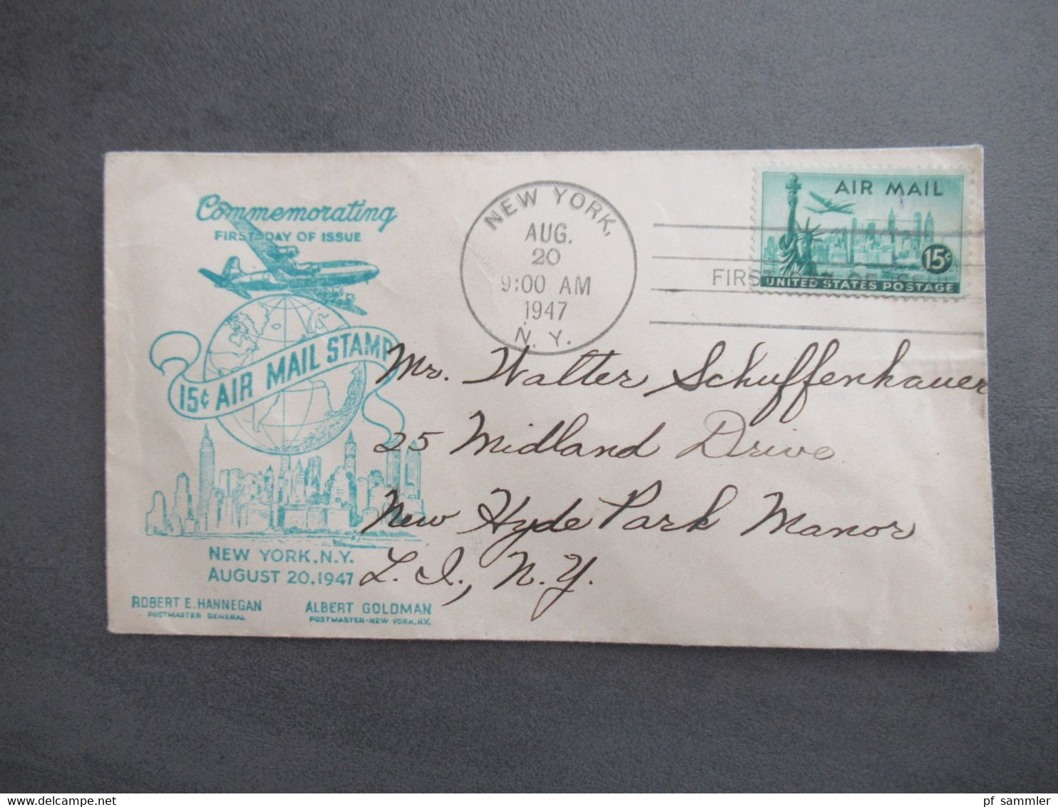 USA Commemorating FDC 15 Cent Air Mail Stamp New York 20. August 1947 - Storia Postale