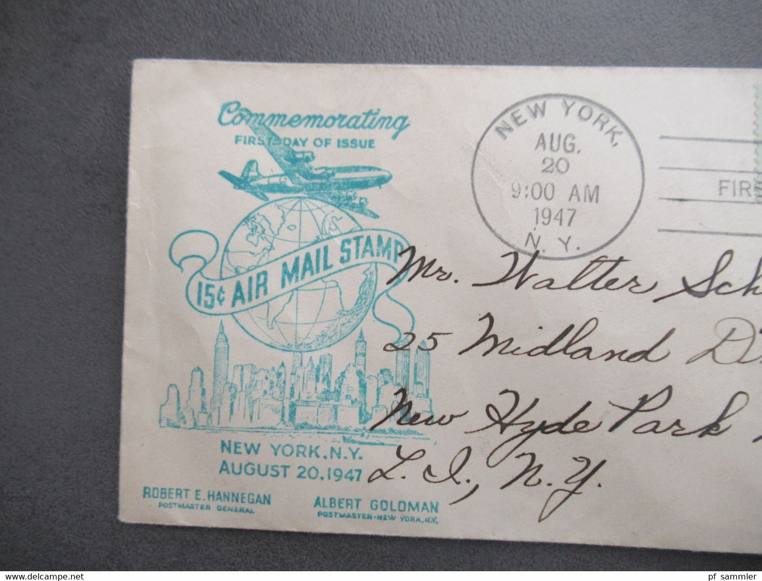 USA Commemorating FDC 15 Cent Air Mail Stamp New York 20. August 1947 - Covers & Documents