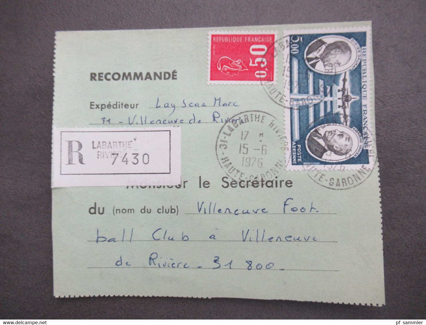 Frankreich 1976 Einschreiben Laberthe Riviere Thematik Fußball Football Club A Villeneuve De Riviere - Cartas & Documentos