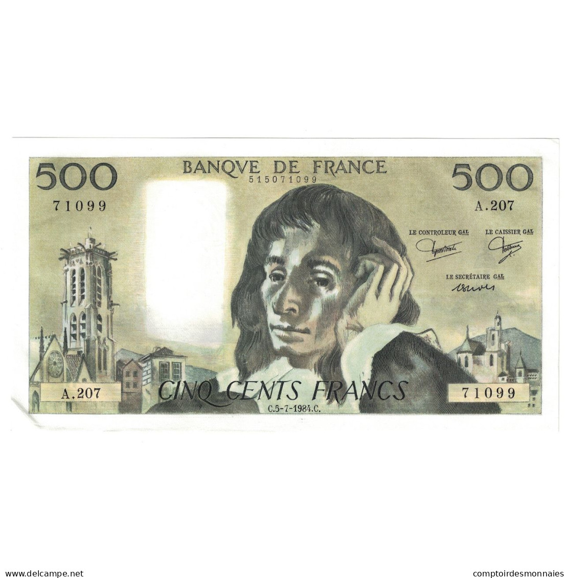 France, 500 Francs, Pascal, 1984, 1984-07-05, SUP+, Fayette:71.31, KM:156e - 500 F 1968-1993 ''Pascal''