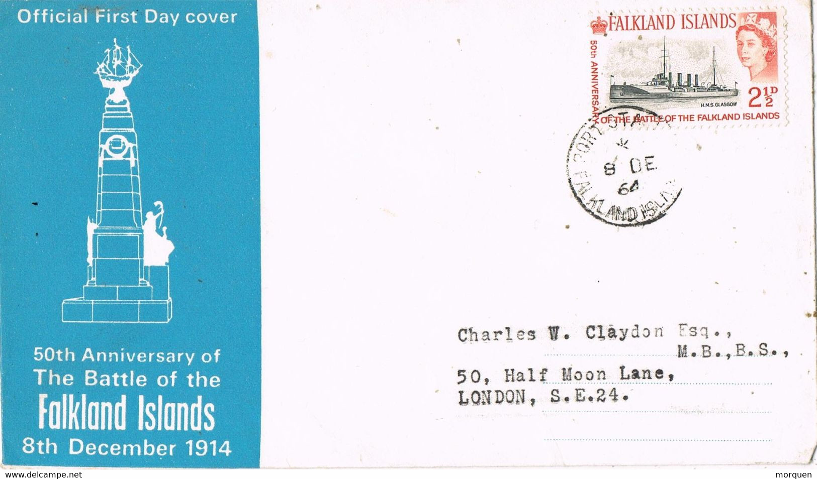 43983. Carta PORT STANLEY (Falkland Islands)  1964. Maldivas, 50 Anniversary BATTLE Falklands Islands. Ship - Maldive (...-1965)