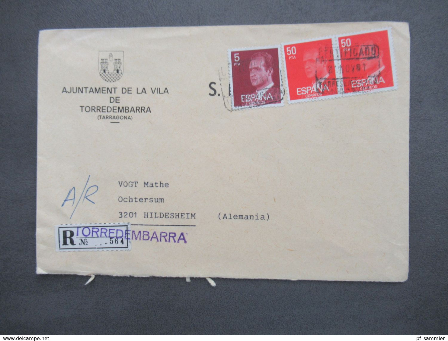 Spanien 1981 Einschreiben Gestempelter R-Zettel Torredembarra Stempel Certificado Nach Hildesheim Gesendet - Briefe U. Dokumente