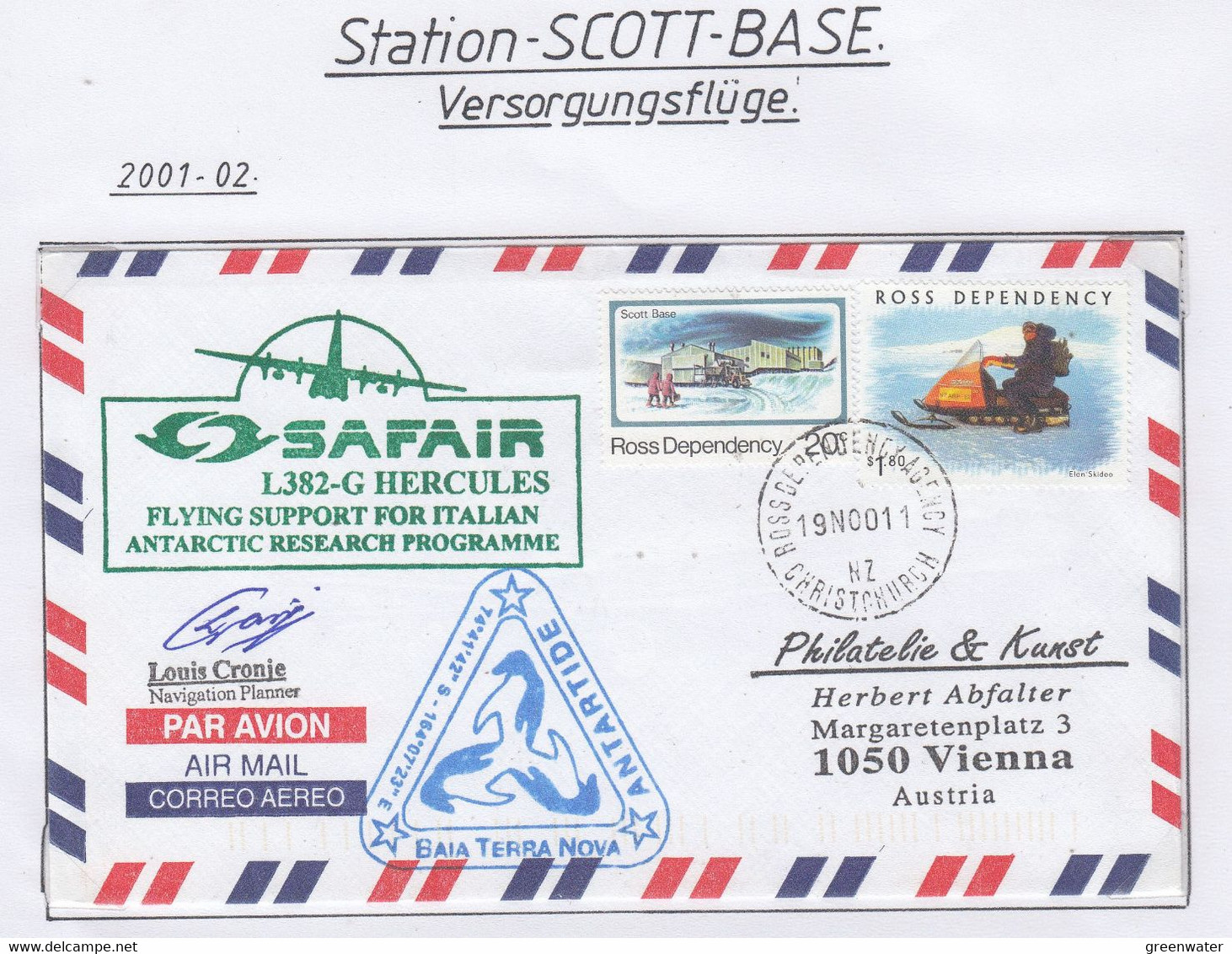 Ross Dependency 2001 Antarctic Flight Support Italian Research Progr. Sign. Ca Ross 19 NO 01 (AF168) - Vols Polaires