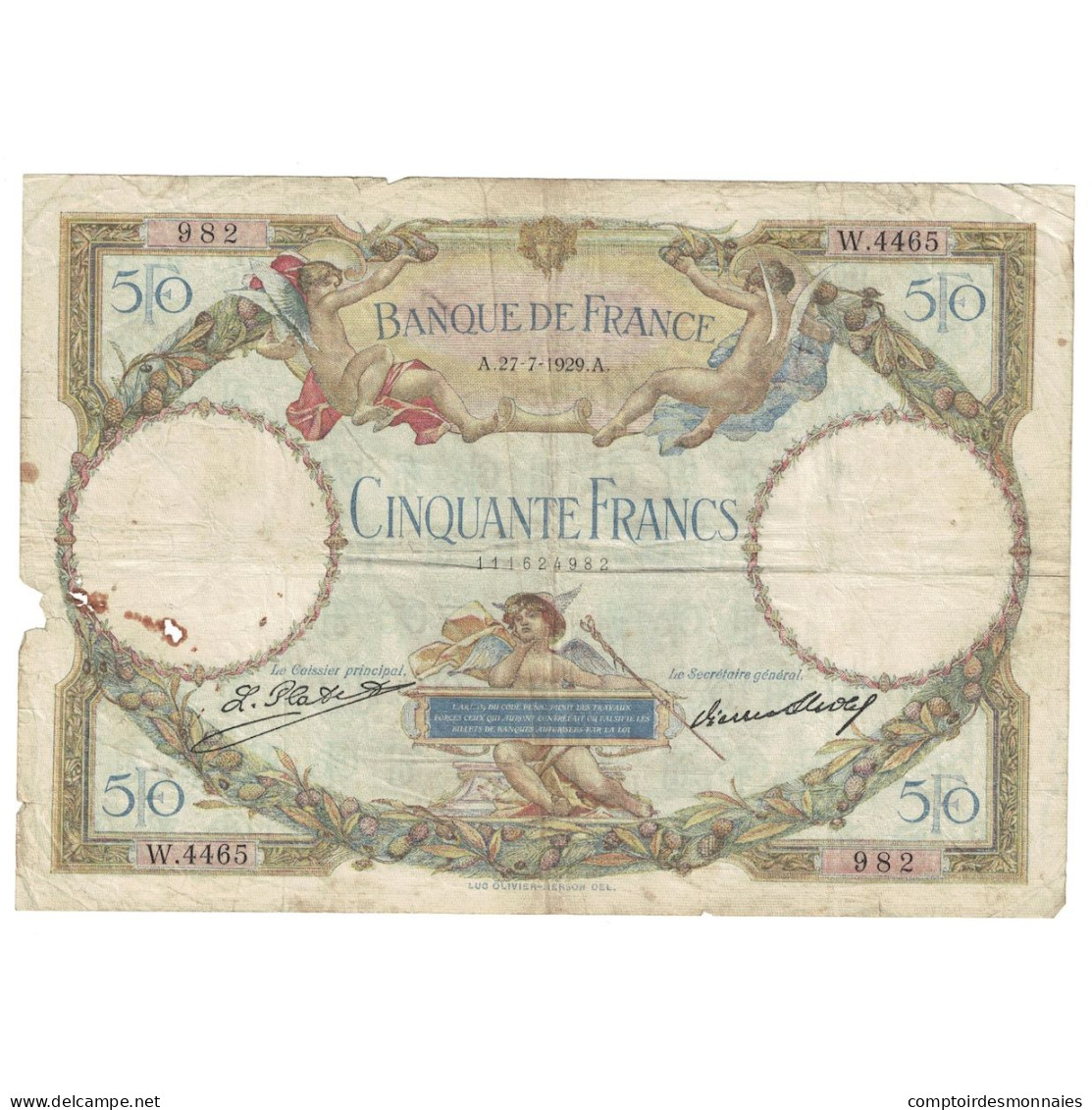 France, 50 Francs, Luc Olivier Merson, 1929, 1929-07-27, TB, Fayette:15.3 - 50 F 1927-1934 ''Luc Olivier Merson''