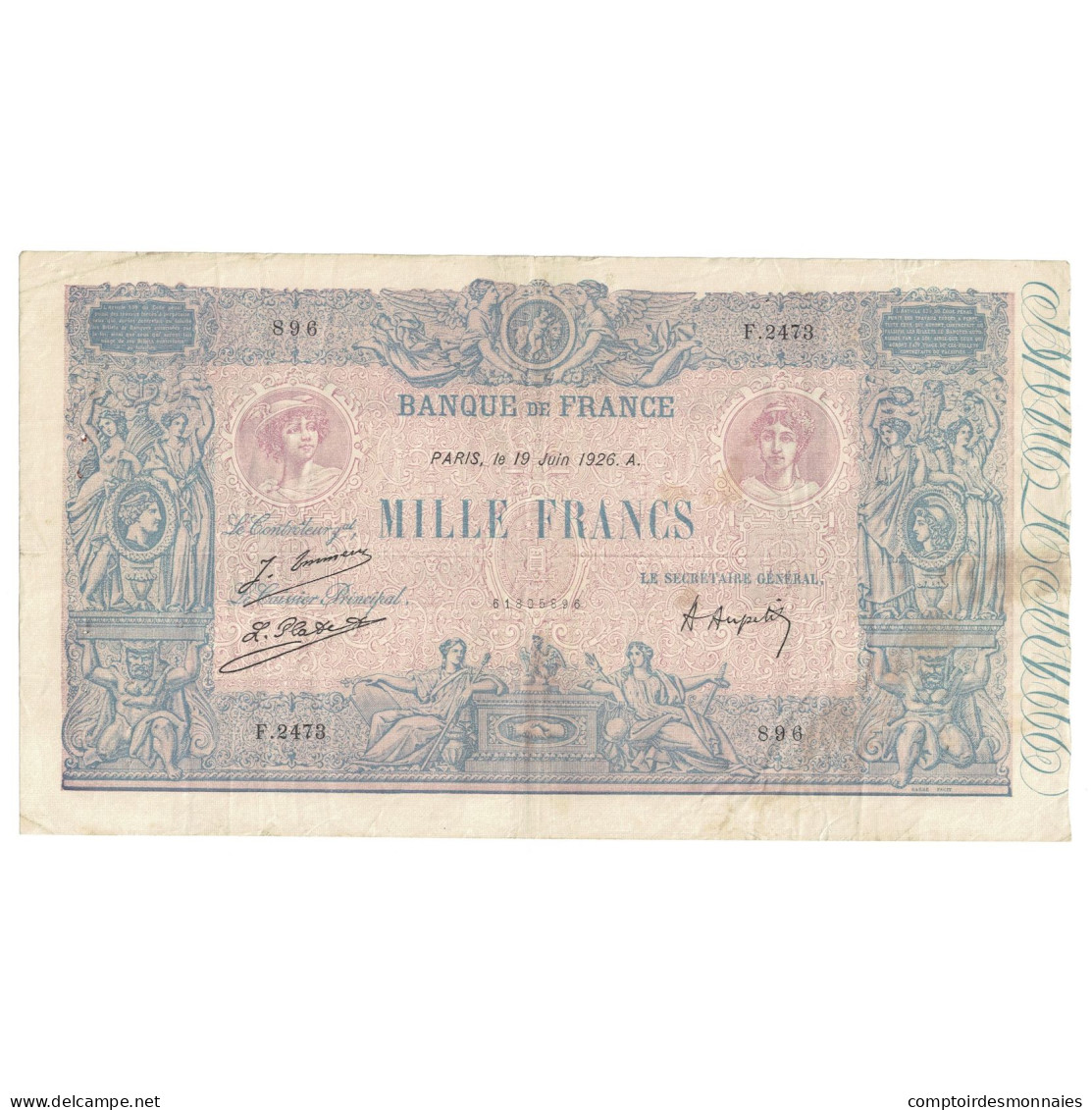 France, 1000 Francs, Bleu Et Rose, 1926, 1926-06-19, TTB, Fayette:36.42, KM:67j - 1 000 F 1889-1926 ''Bleu Et Rose''