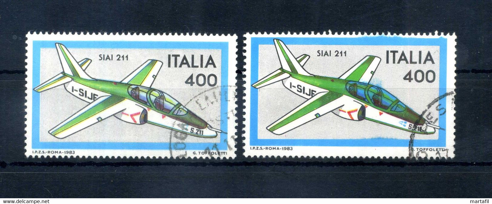 Repubblica Varietà - 1983 Aereo Siai 211 400 Lire Colore Più Intenso E Sbavatura Blu In Senso Verticale - Varietà E Curiosità