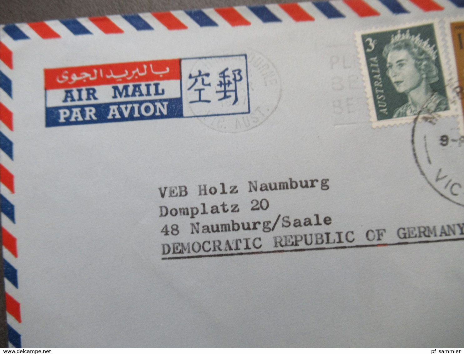 Australien Luftpostbrief Air Mail Par Avion Melbourne - VEB Holz Naumburg Saale In Der DDR - Storia Postale