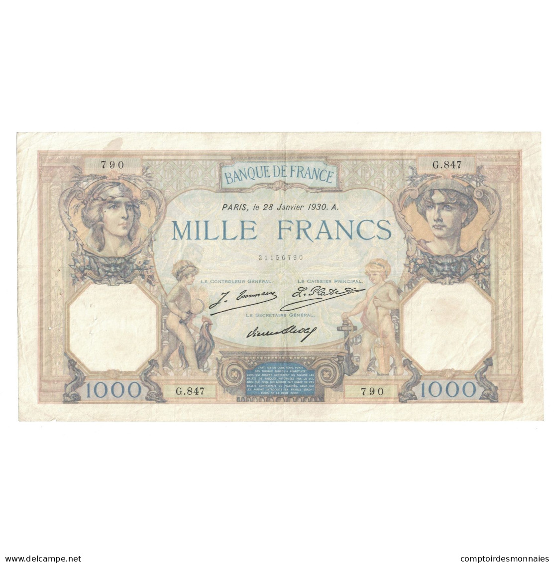 France, 1000 Francs, Cérès Et Mercure, 1930, 1930-01-28, TTB, Fayette:37.4 - 1 000 F 1927-1940 ''Cérès E Mercure''