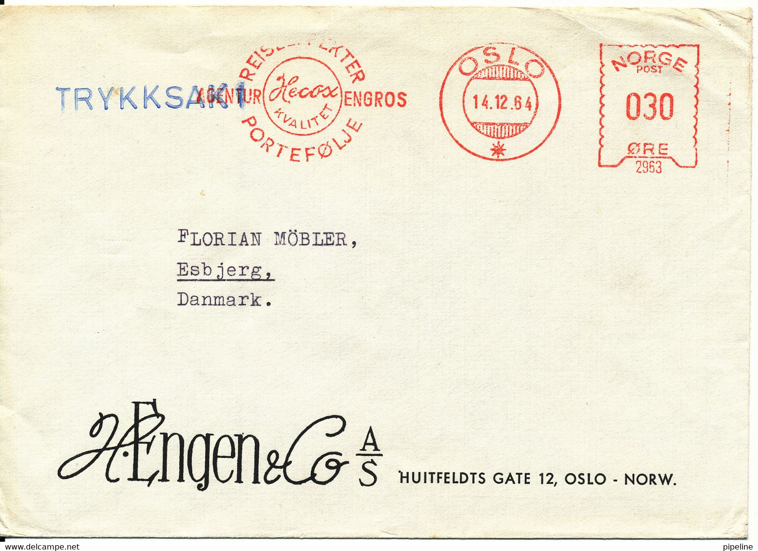 Norway Cover With Meter Cancel Oslo 14-12-1964 (H. Engen & Co.) - Lettres & Documents