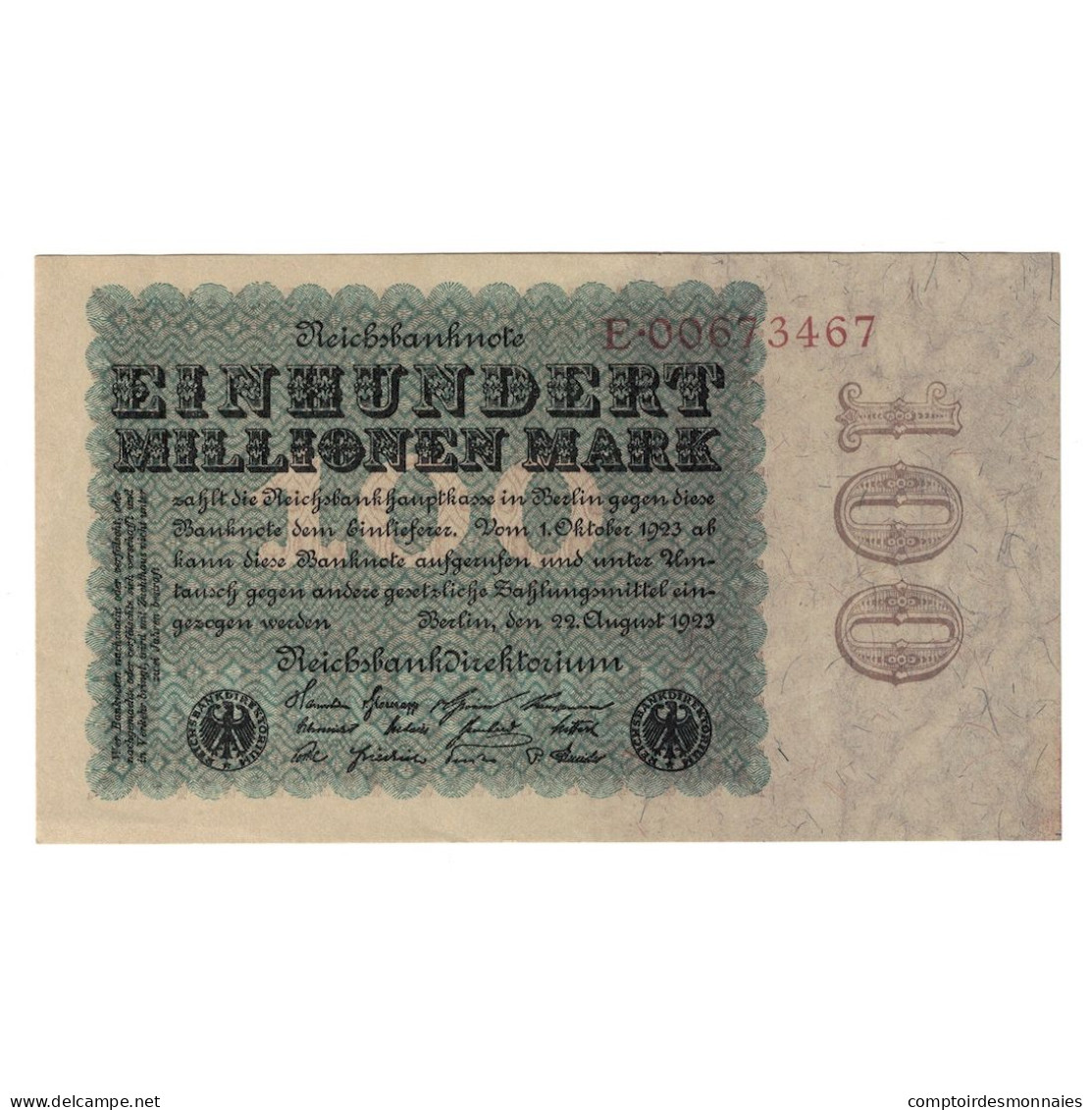 Billet, Allemagne, 100 Millionen Mark, 1923, KM:107d, SUP+ - 100 Mark