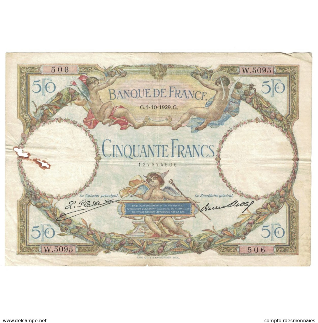 France, 50 Francs, Luc Olivier Merson, 1929, 1929-10-01, TB+, Fayette:15.3 - 50 F 1927-1934 ''Luc Olivier Merson''