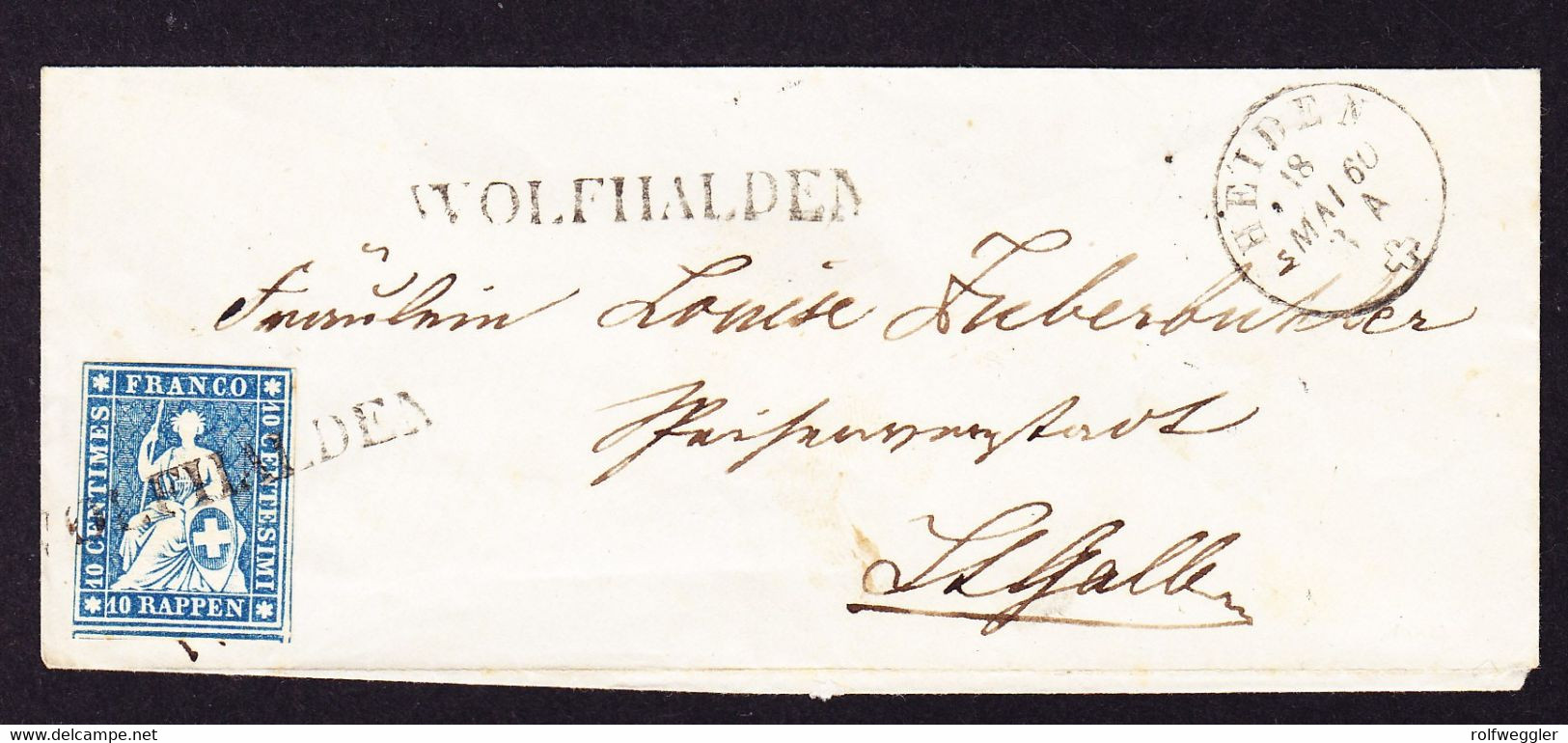 1860 Kleines Couvert Mit 10 Rp Strubel Marke, Voll- Bis Lupenrandig, Stabstempel WOLFHALDEN. über Heiden Nach St. Gallen - Storia Postale