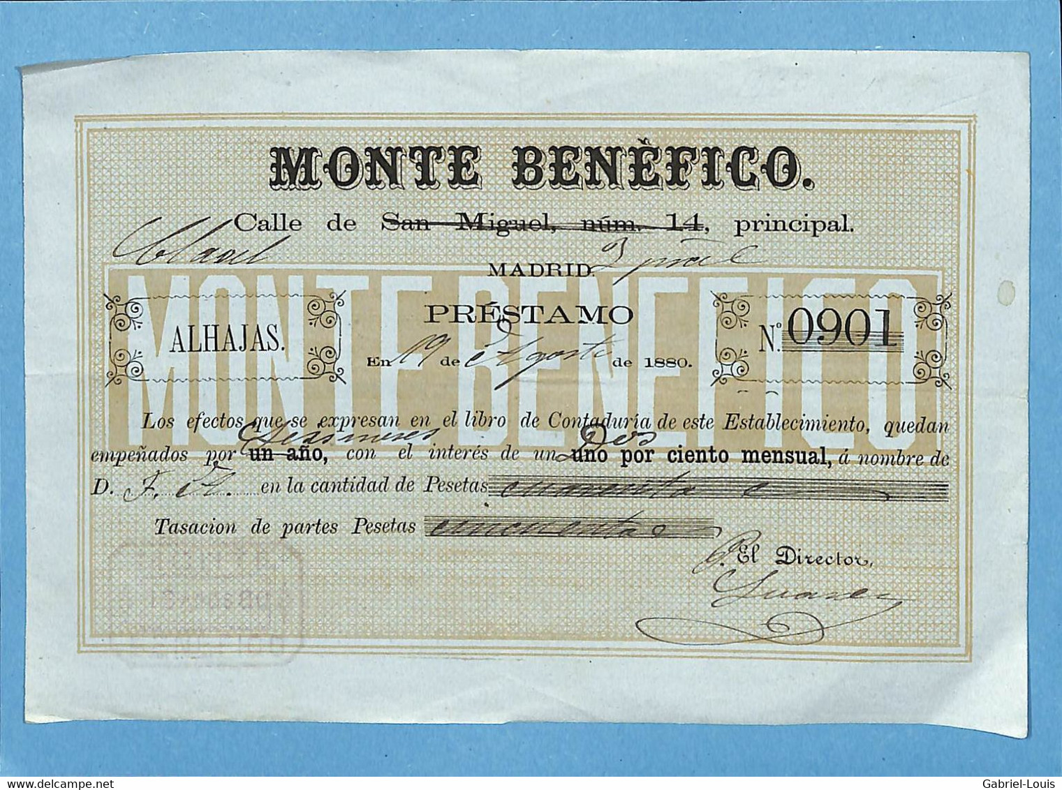 Monte Benefico Calle De San Miguel Num 14 Principal Madrid 1880  Billet De Mont-de-piété Espagne Alhajas Bijoux - Spain