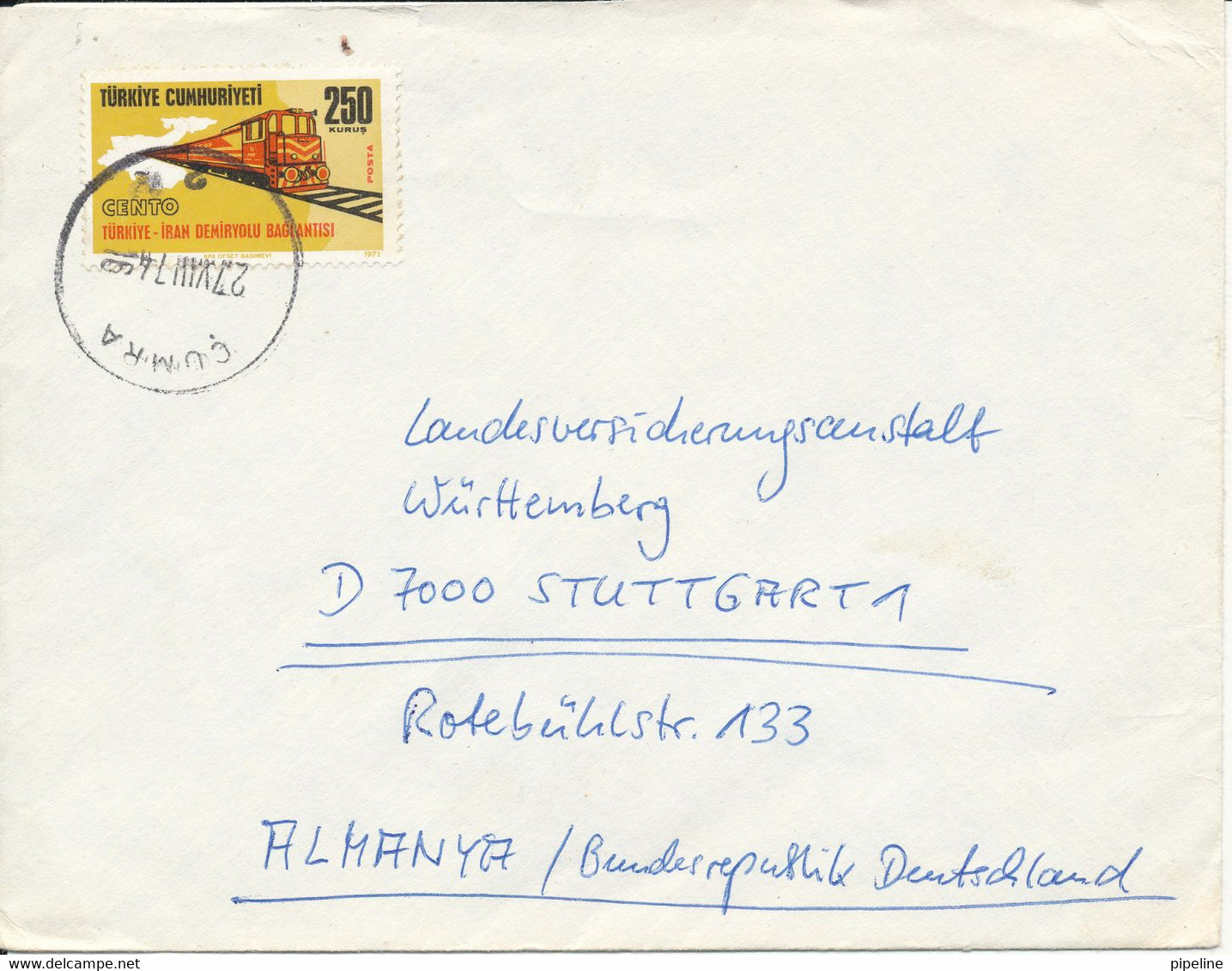 Turkey Cover Sent To Germany Cumra 27-8-1974 Single Franked - Cartas & Documentos