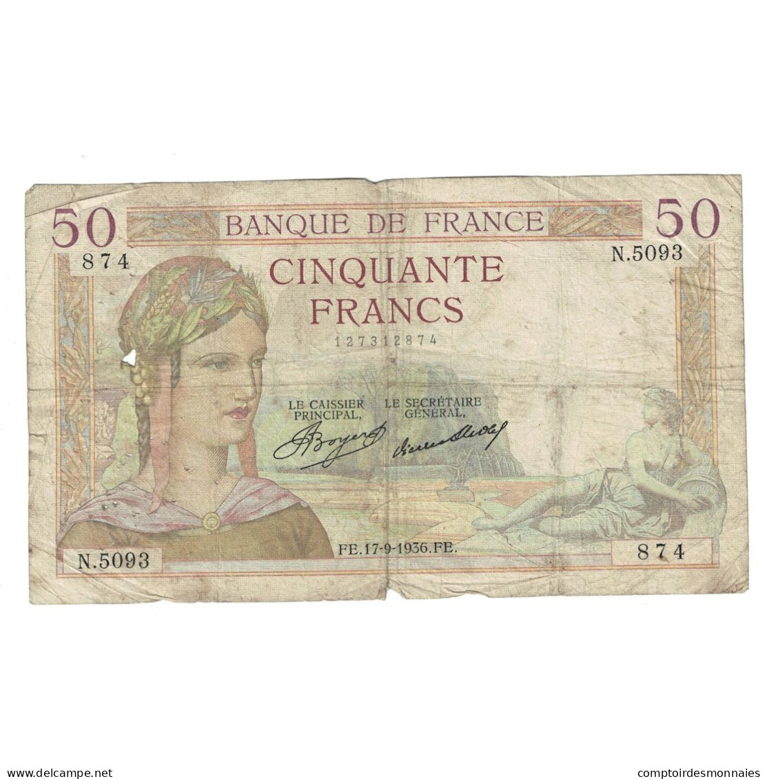 France, 50 Francs, Cérès, 1936, 1936-09-17, B+, Fayette:17.30, KM:81 - 50 F 1934-1940 ''Cérès''