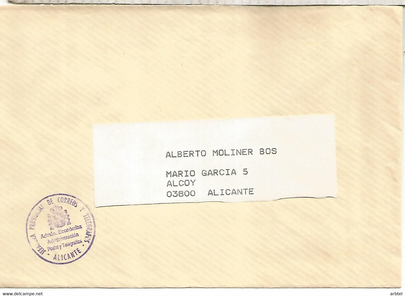 ALICANTE A ALCOY CORREO OFICIAL ADMINISTRACION POSTAL Y TELEGRAFICA - Portofreiheit