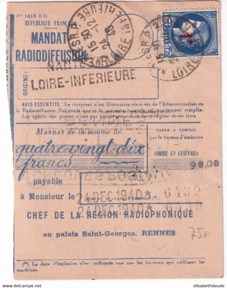 1940 - CERES SURCHARGE Sur MANDAT-CARTE RADIODIFFUSION ! De NANTES (LOIRE INFERIEURE) => RENNES - Radiodiffusion