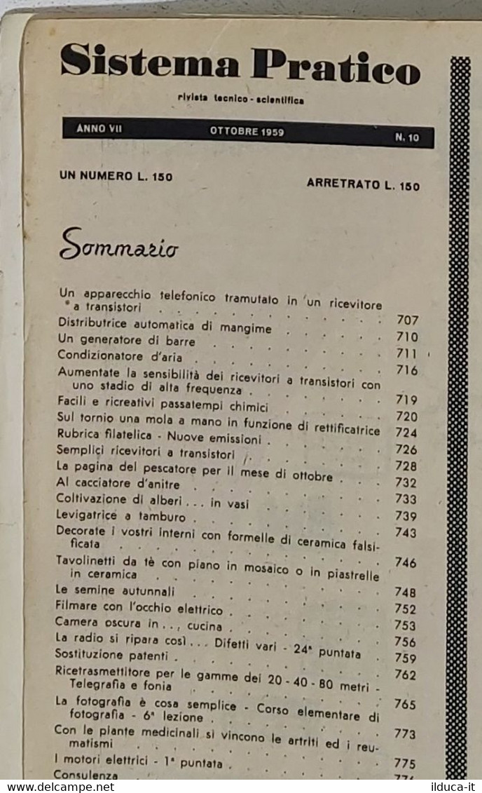 44609 SISTEMA PRATICO - Anno VII Nr 10 1959 - SOMMARIO - Wetenschappelijke Teksten