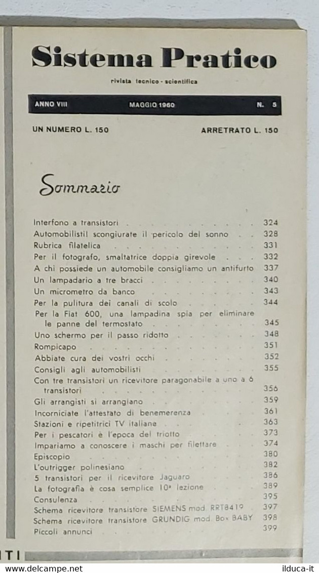 44616 SISTEMA PRATICO - Anno VIII Nr 5 1960 - SOMMARIO - Textes Scientifiques