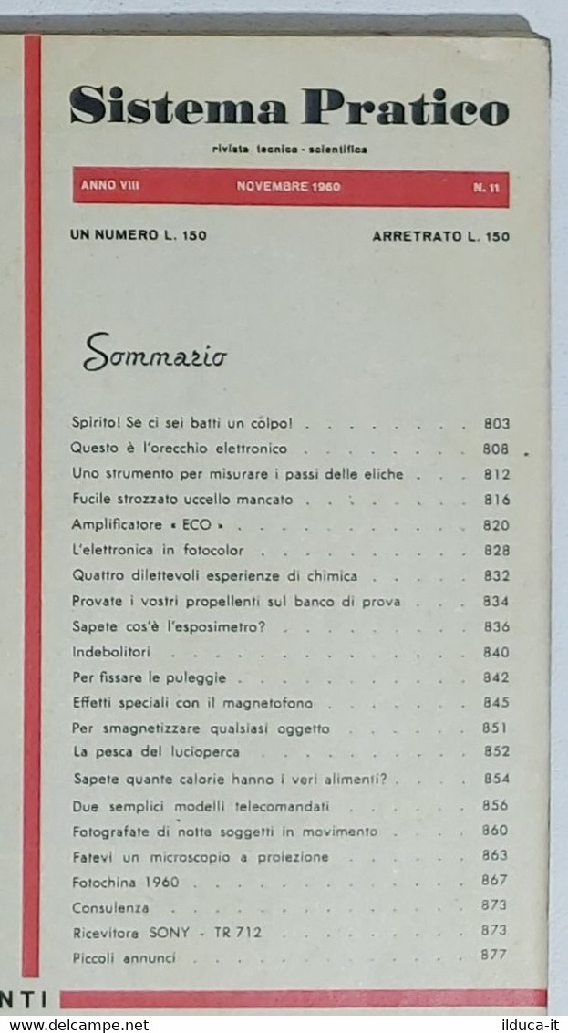 44620 SISTEMA PRATICO - Anno VIII Nr 11 1960 - SOMMARIO - Textes Scientifiques
