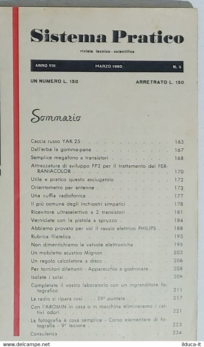 54637 SISTEMA PRATICO - Anno VIII Nr 3 1960 - SOMMARIO - Wetenschappelijke Teksten