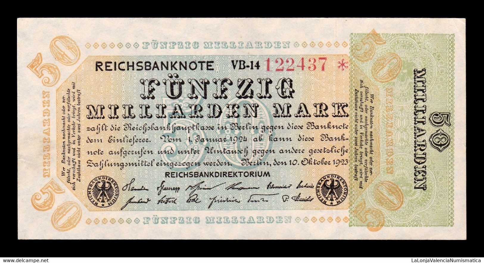 Alemania Germany 50000000000 Mark 1923 Pick 120b SC- AUNC - 50 Milliarden Mark