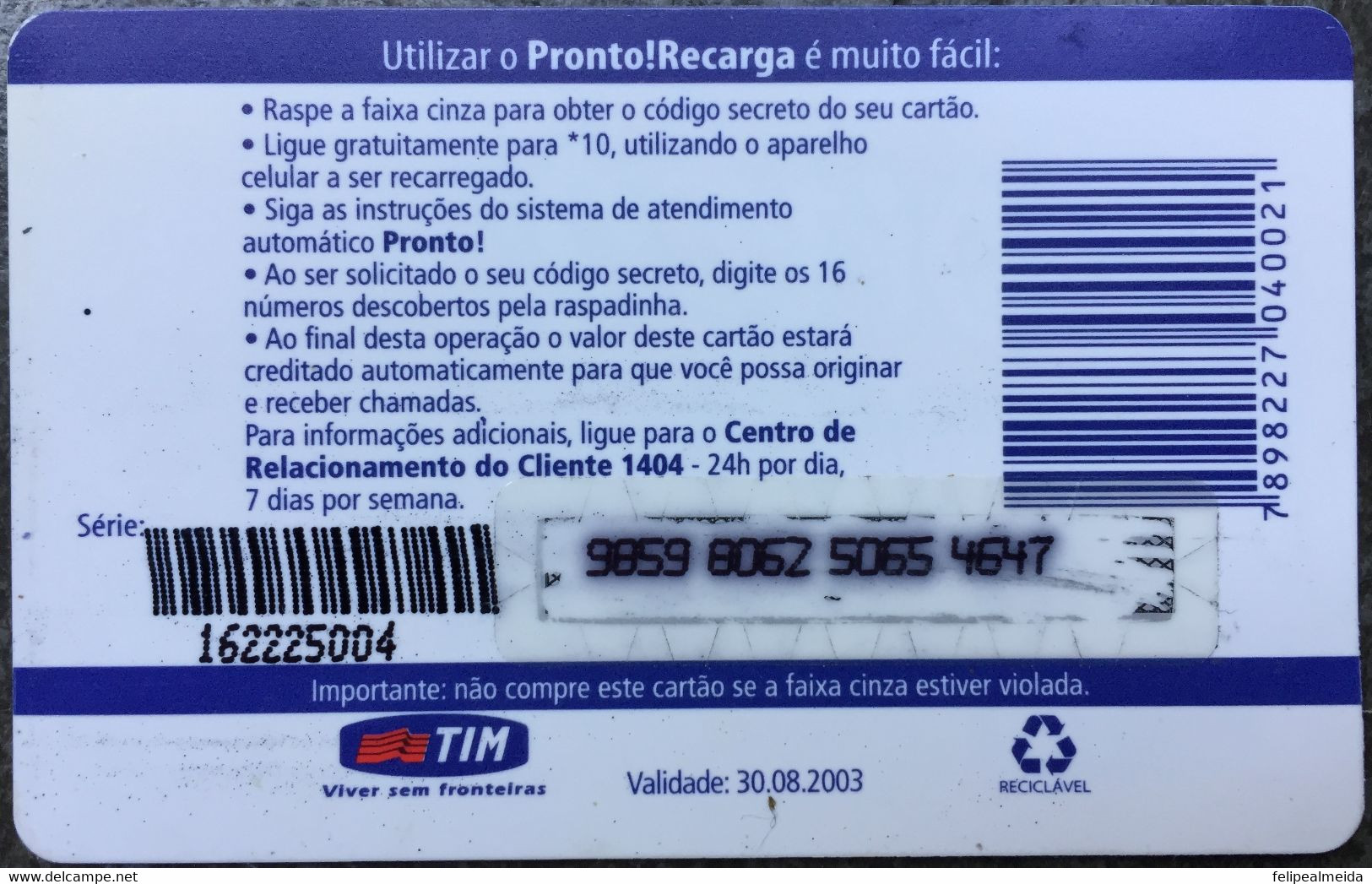 Prepaid Cellular Card Manufactured By TIM In 2002 In The Amount Of 20 Reais - Opérateurs Télécom