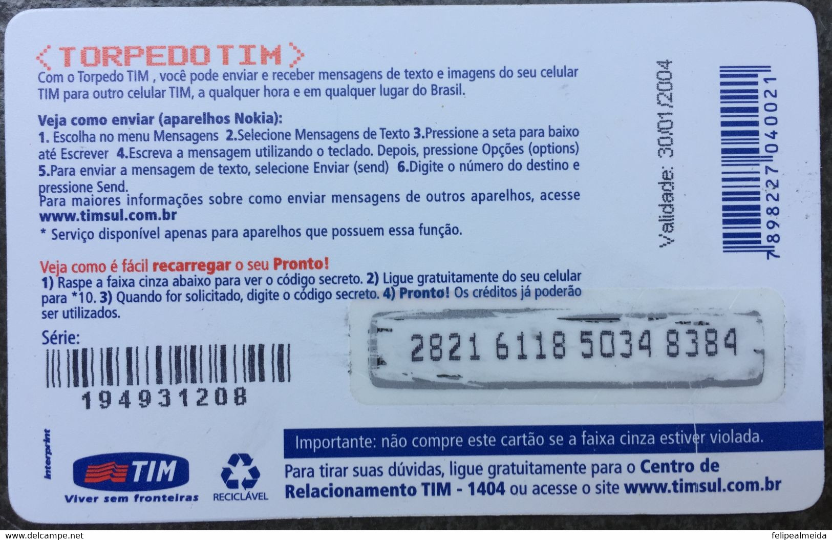 Prepaid Mobile Card Manufactured By TIM In 2003 In The Amount Of 20 Reais - Opérateurs Télécom